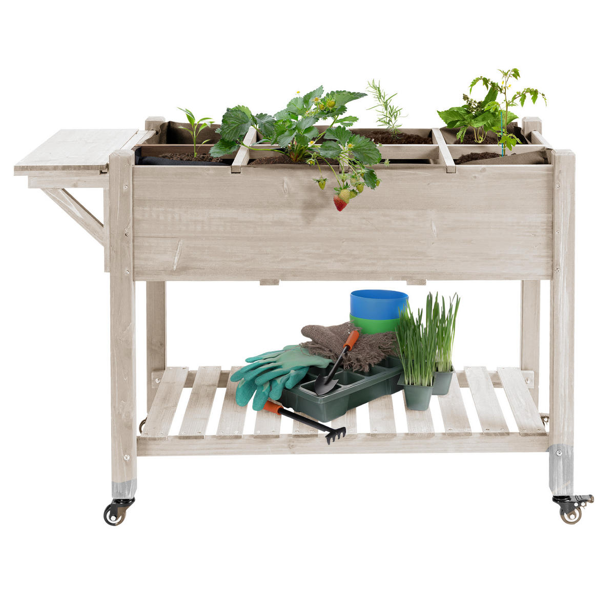 HOCHBEET DE-15989 rollbar mit klappbarem Seitentisch Naturholz - Naturfarben, Holzwerkstoff (123/87/54cm) - ComfortXL
