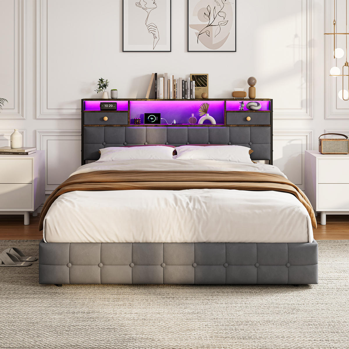 BETT 160x200 mit 2 Schubladen am Kopfteil, Hydraulik-Stauraum, LED und USB, Samt in Grau - Grau, Holz (160/200cm) - BRILVERDE