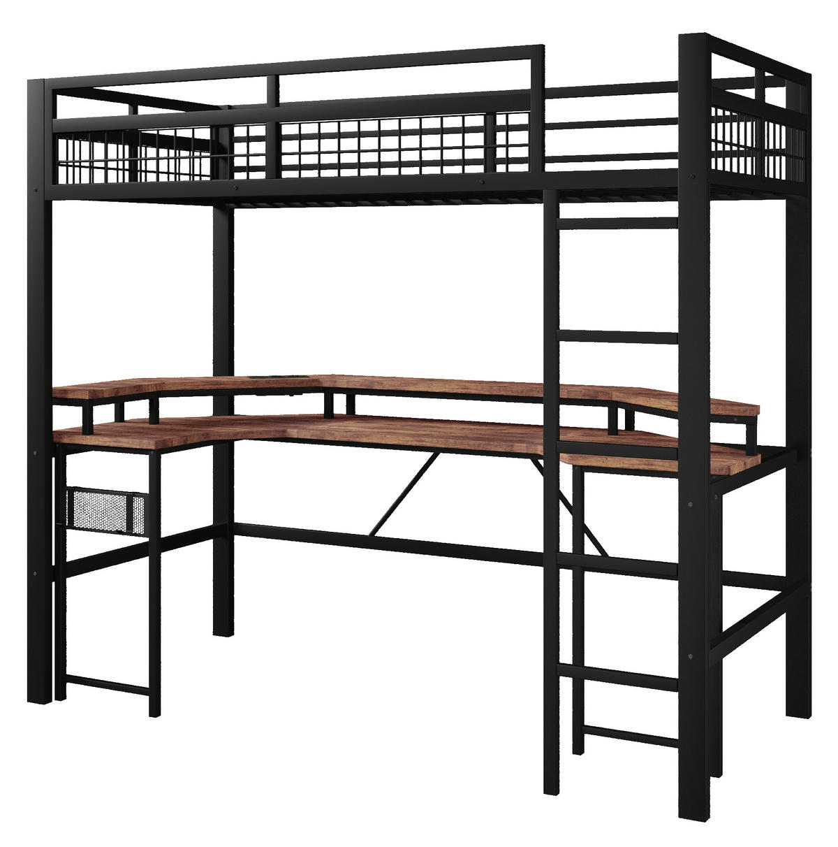 HOCHBETT 90/200 cm aus Metall und MDF mit Schreibtisch und LED-Lichtleiste Schwarz - Schwarz, Metall (90/200cm) - Modenvie