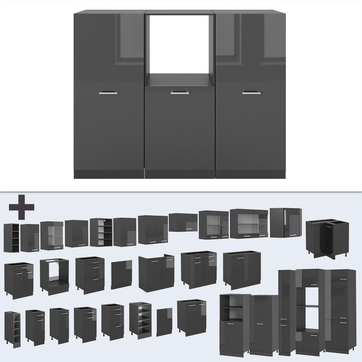 KÜCHENBLOCK R-Line Anthrazit Hochglanz/Anthrazit 180 cm ohne Arbeitsplatte - Schwarz Hochglanz/Anthrazit, Holzwerkstoff (180/81.6/46cm) - Vicco