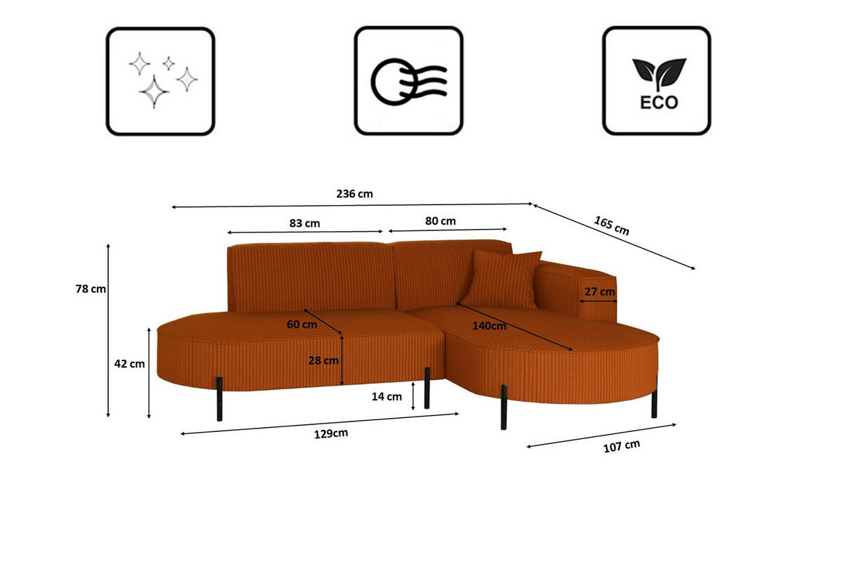 ECKSOFA L-Form Designer Modena Rein Stoff Cord Kupfer Rechts - Rostfarben, Holz (239/165cm) - Kaiser Möbel