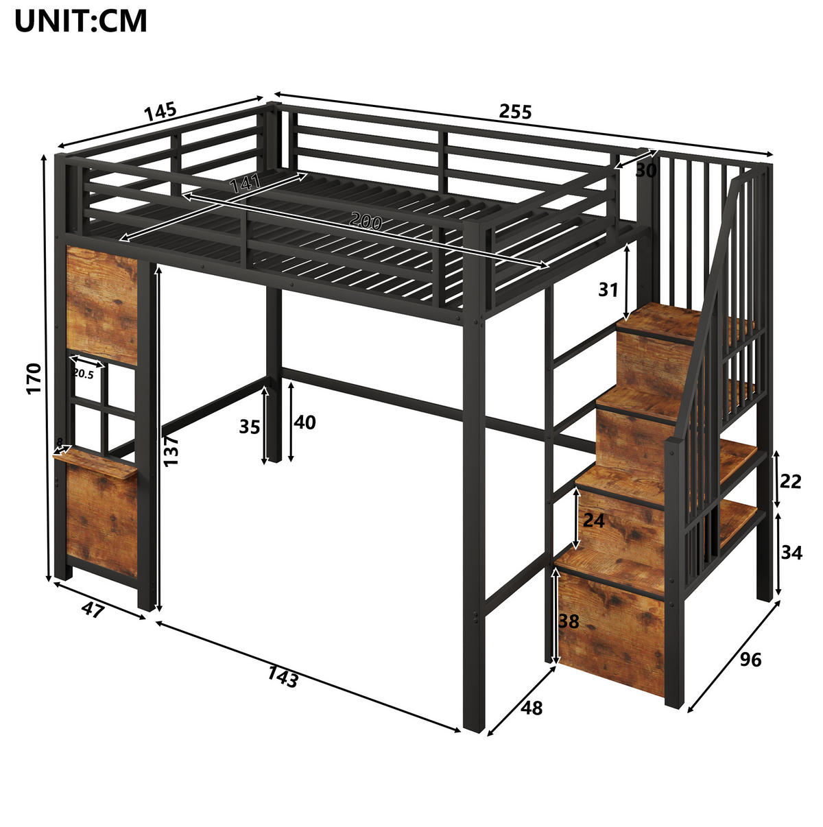 HOCHBETT 140/200 cm aus MDF und Metall mit Ablageleiter, Schwarz - Schwarz, Holzwerkstoff (140/200cm) - OKMYHOME