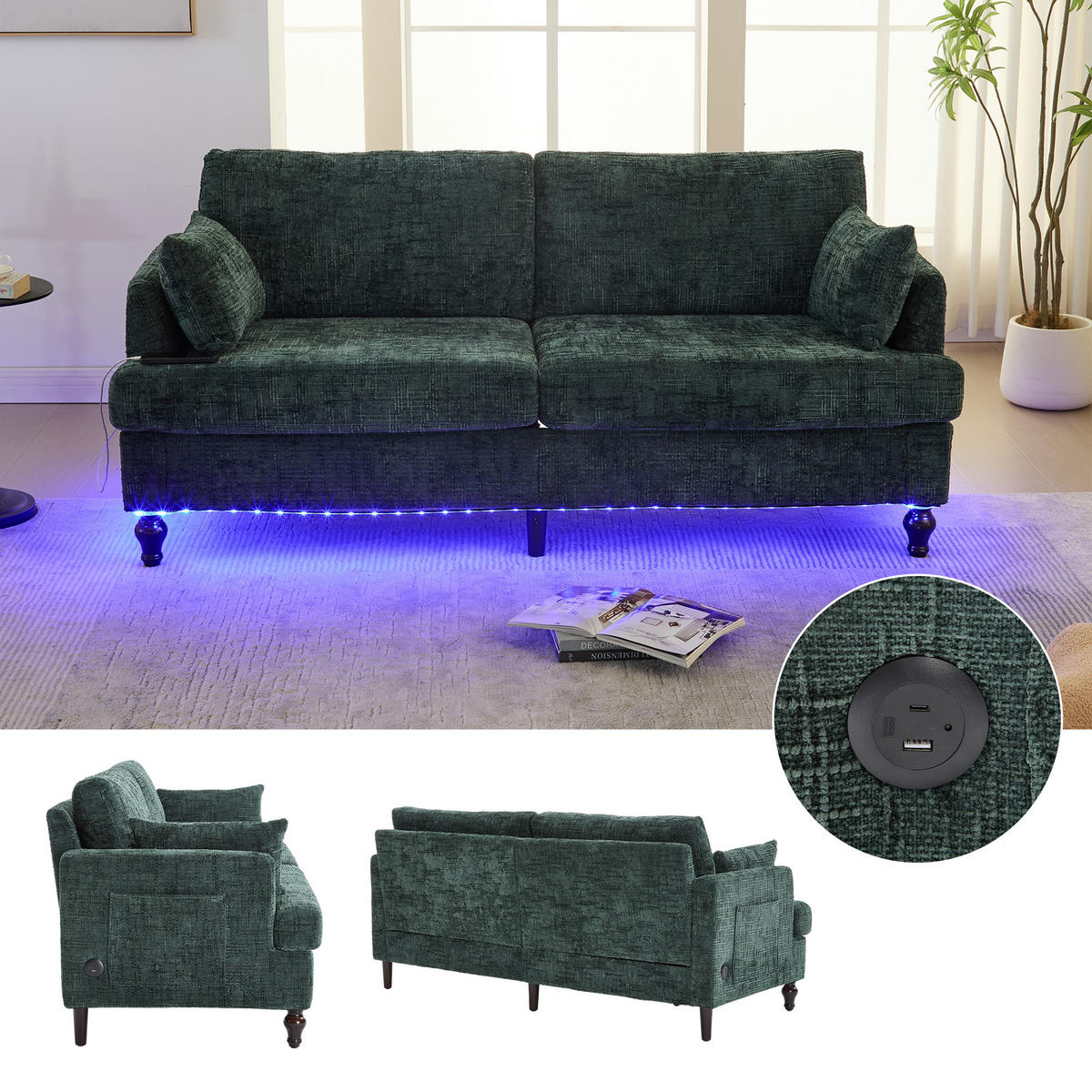 2-SITZER Sofa Chenille mit LED und USB-Anschluss 175/83/78 cm Smaragdgrün - Smaragdgrün, Textil (175/78/83cm) - Redom