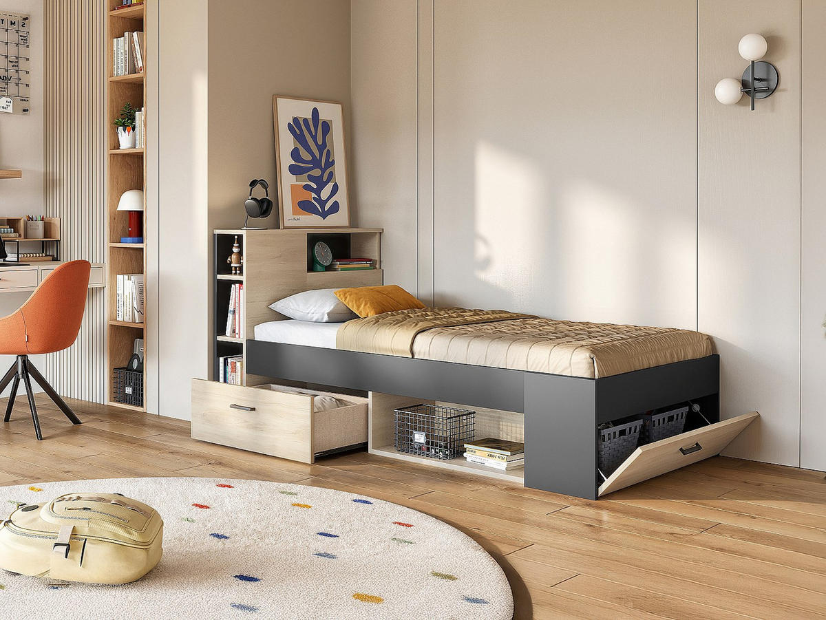 BETT mit Kopfteil, Stauraum & Schublade - 90 x 190 cm - Naturfarben & Anthrazit - LEANDRE - Anthrazit, Holz (99.5/218.5cm) - Vente-Unique