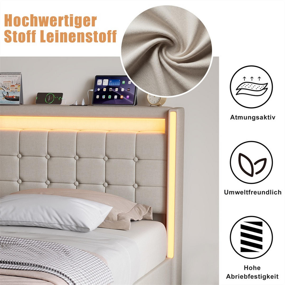 POLSTERBETT 90 x 200 cm mit LED-Beleuchtung an Kopfteil & Fußteil, Ladestation & hydraulischem Stauraum - Beige - Beige, Textil (90/200cm) - DELFA