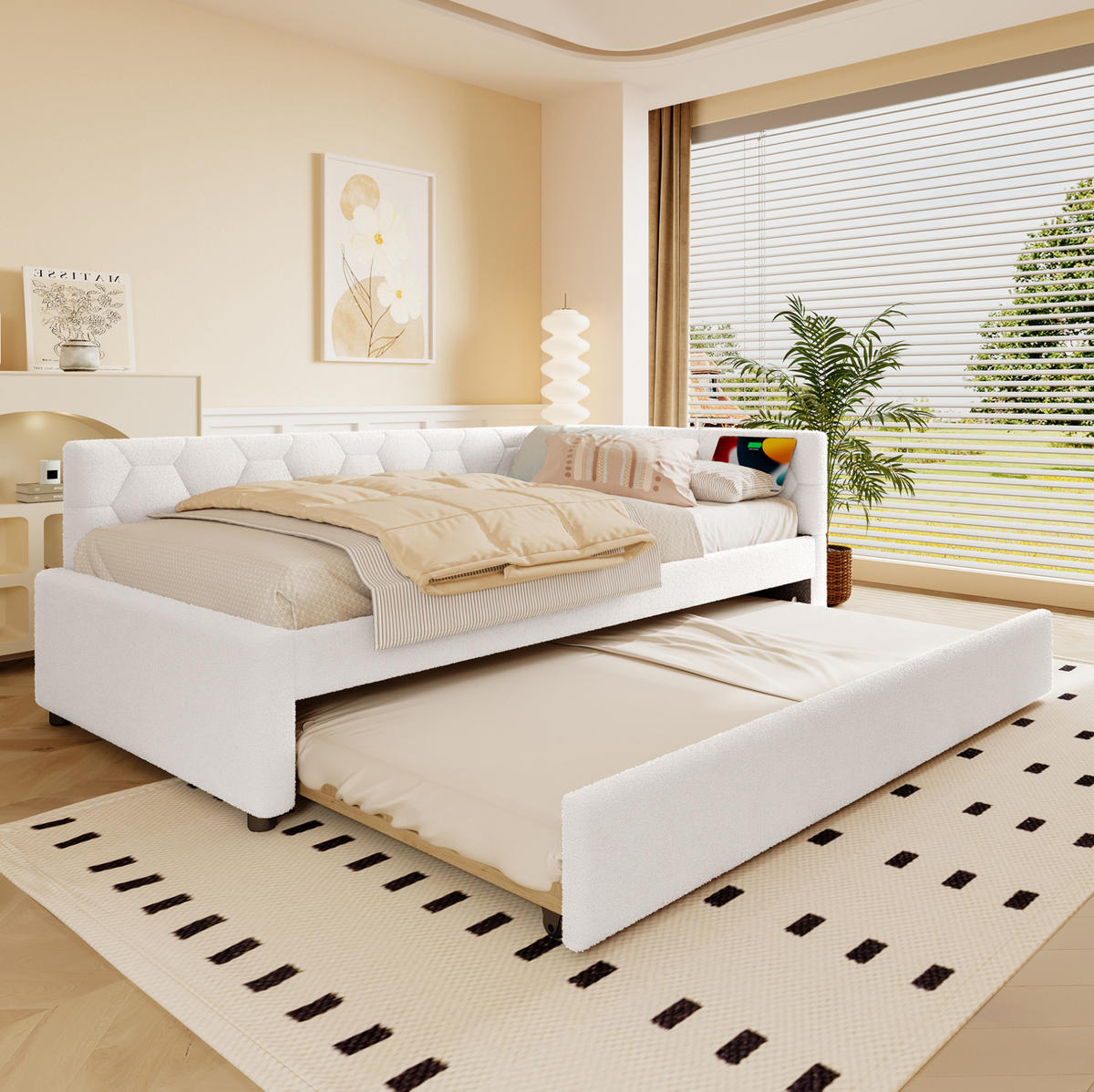 POSTEL 90/200 cm bílá z MDF a bouclé s výsuvným lůžkem USB a Type-C - bílá, textil (90/200cm) - OKWISH