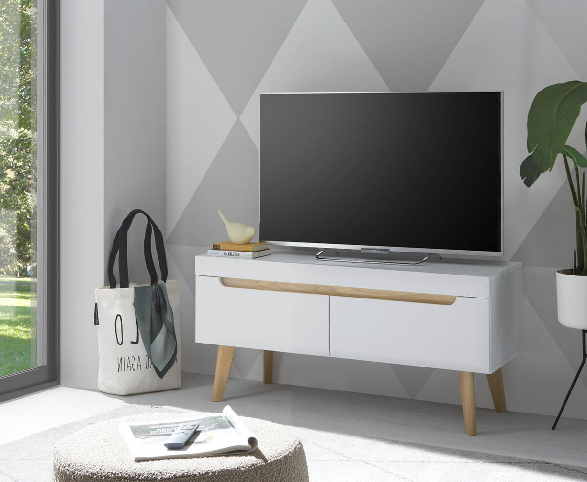 TV-LOWBOARD weiß matt, Eiche, skandinavisch 107 cm, TV-Unterteil mit Vollauszug - Eichefarben/Weiß, Holz/Holzwerkstoff (107/50/50cm) - Furn.Design