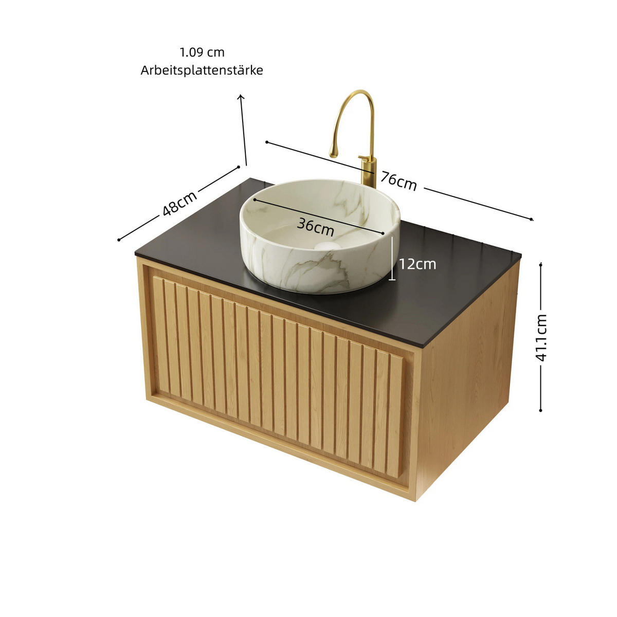WASCHTISCHUNTERSCHRANK hängend mit Schublade Keramik und Sinterstein Golden Oak - Eichefarben, Holzwerkstoff (48/53.1/76cm) - Beauniv