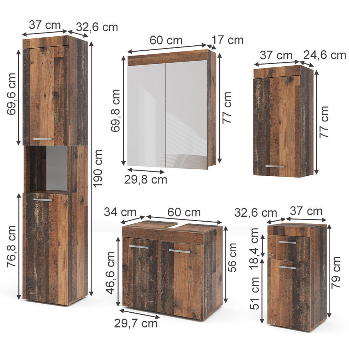 BADMÖBEL-SET Luna Oldstyle 5 Teile - Braun, Holzwerkstoff (60/56/34cm) - Vicco