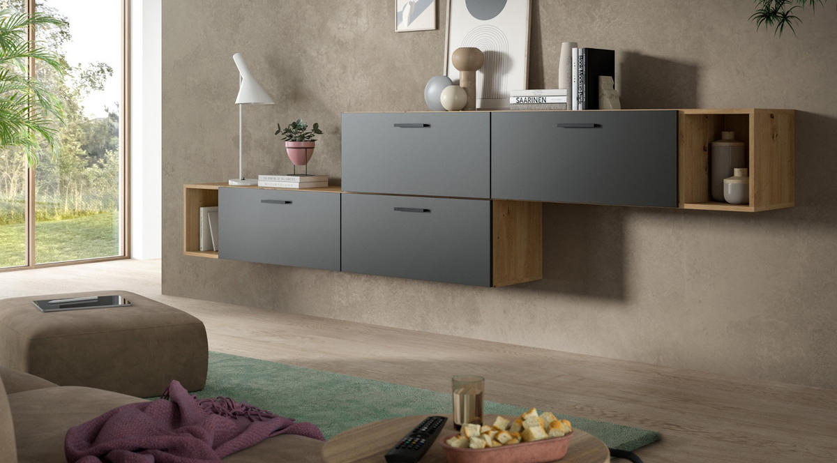 WOHNWAND grau, Eiche Artisan 249 x 184 cm, Wohnkombination hängend / stehend - Schwarz/Eiche Artisan, Holzwerkstoff/Kunststoff (249/184/34cm) - Inn.Furn