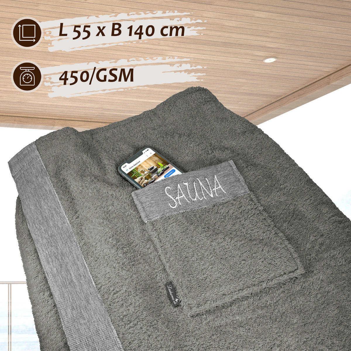 SAUNAKILT Herren Grau, Lima Saunahandtuch mit Klettverschluss - Dunkelgrau, Textil (140/55cm) - Lashuma