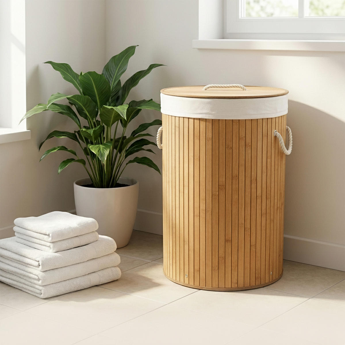 TVÄTTKORG natur bambu rund med lock hopfällbar 70 l - Ljusbrun, Trä/Textil (41/65/41cm) - Relaxdays