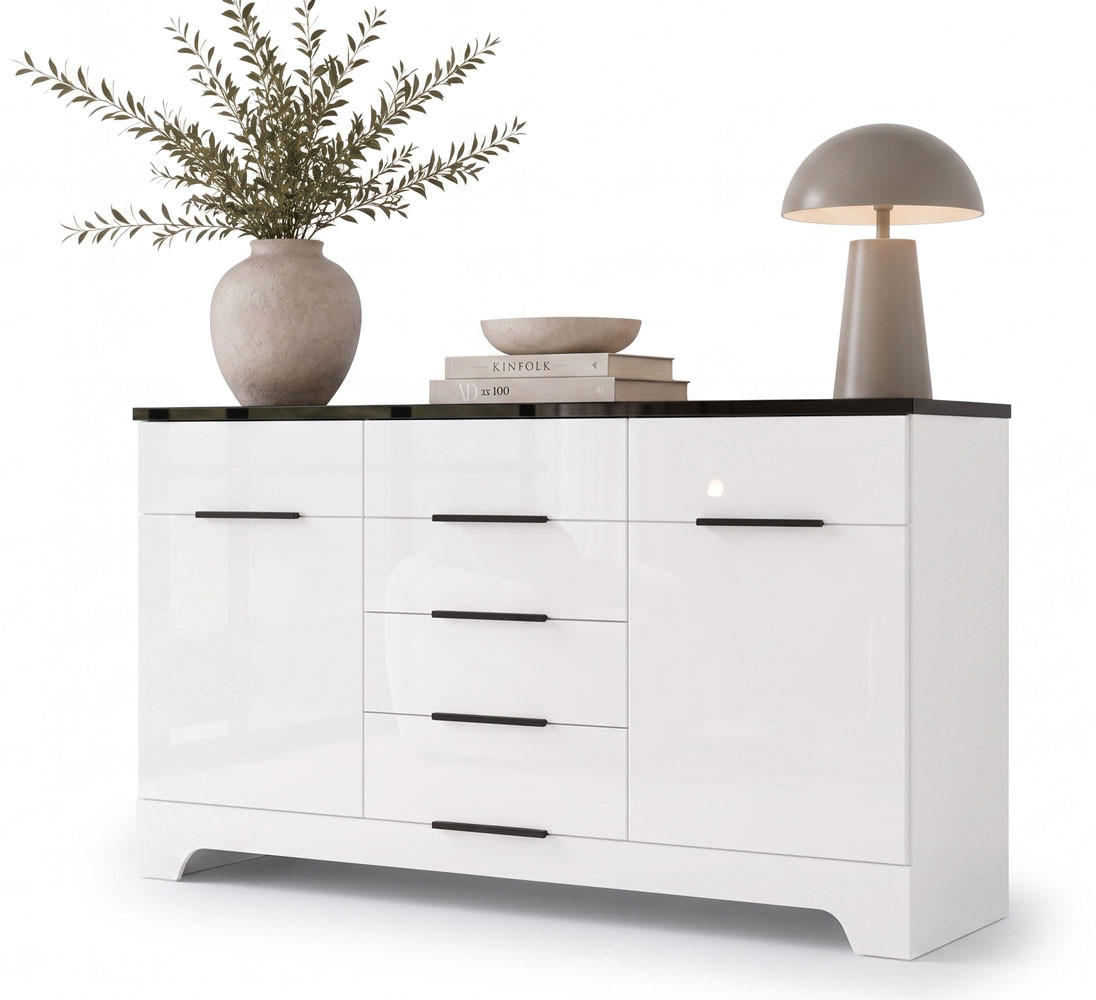 SIDEBOARD Verona weiß / weiß Hochglanz 121 / 45 / 91cm - Schwarz/Weiß, Holz/Holzwerkstoff (121/91/45cm) - Feldmann-Wohnen