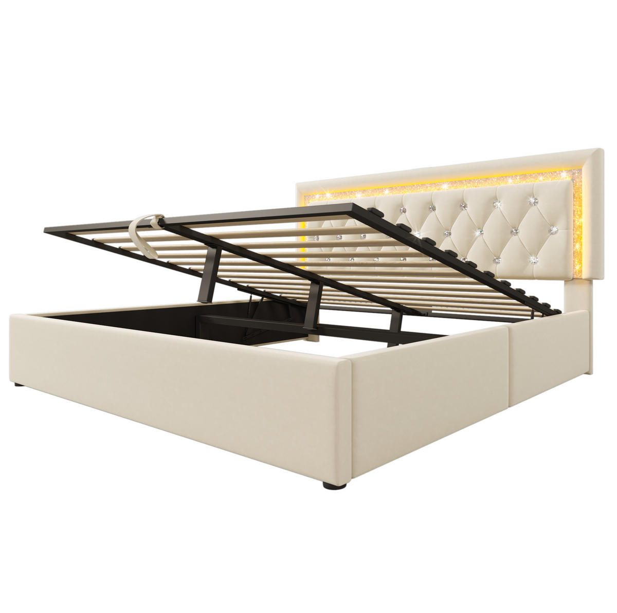 POLSTERBETT 140/200 cm mit LED-Beleuchtung, USB- & Type-C-Anschluss, hydraulischem Stauraum, Samt, Beige - Beige, Textil (140/200cm) - Redom