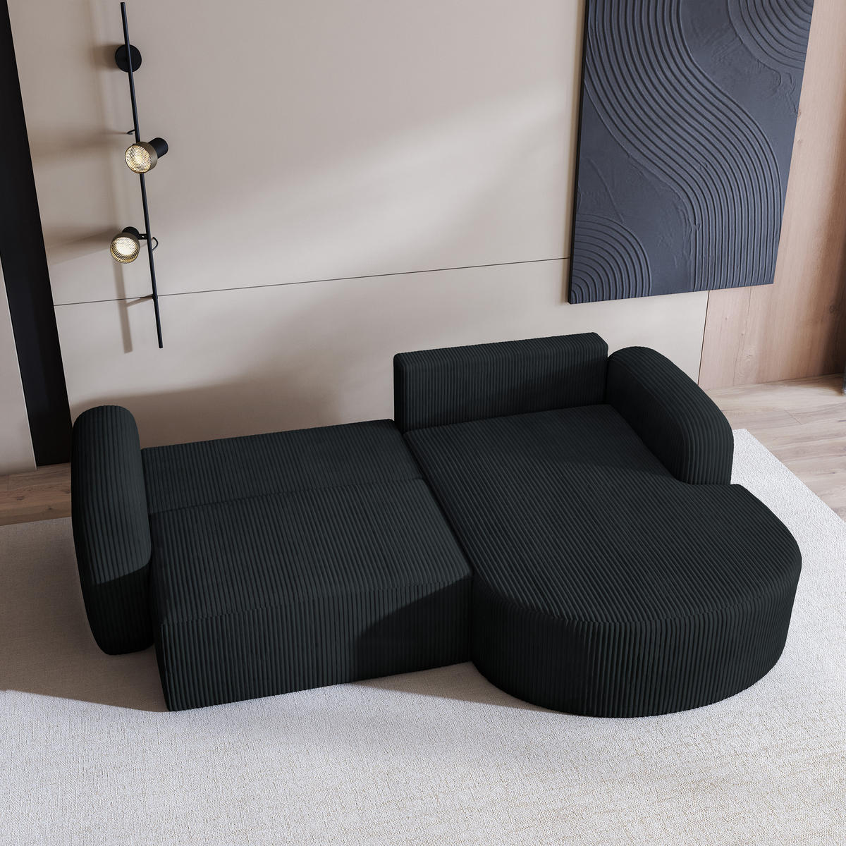 ECKSOFA AMILIA P R-S Schwarz Kordstoff mit Schlaffunktion - Schwarz, Holz (263/174cm) - MASSENO