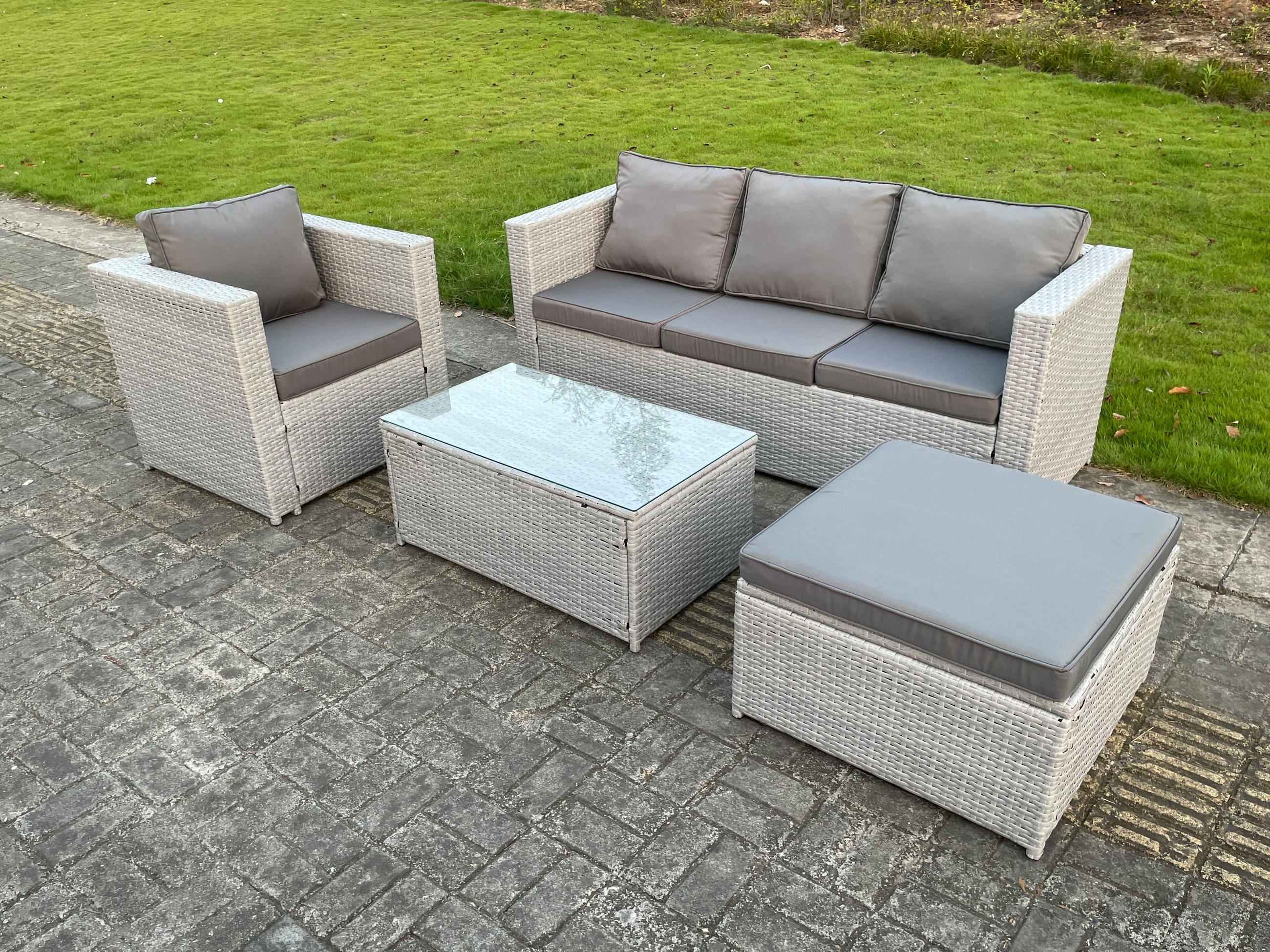GARTENSOFA Polyrattan Helles Grau 5-Sitzer - Hellgrau, Metall - Fimous