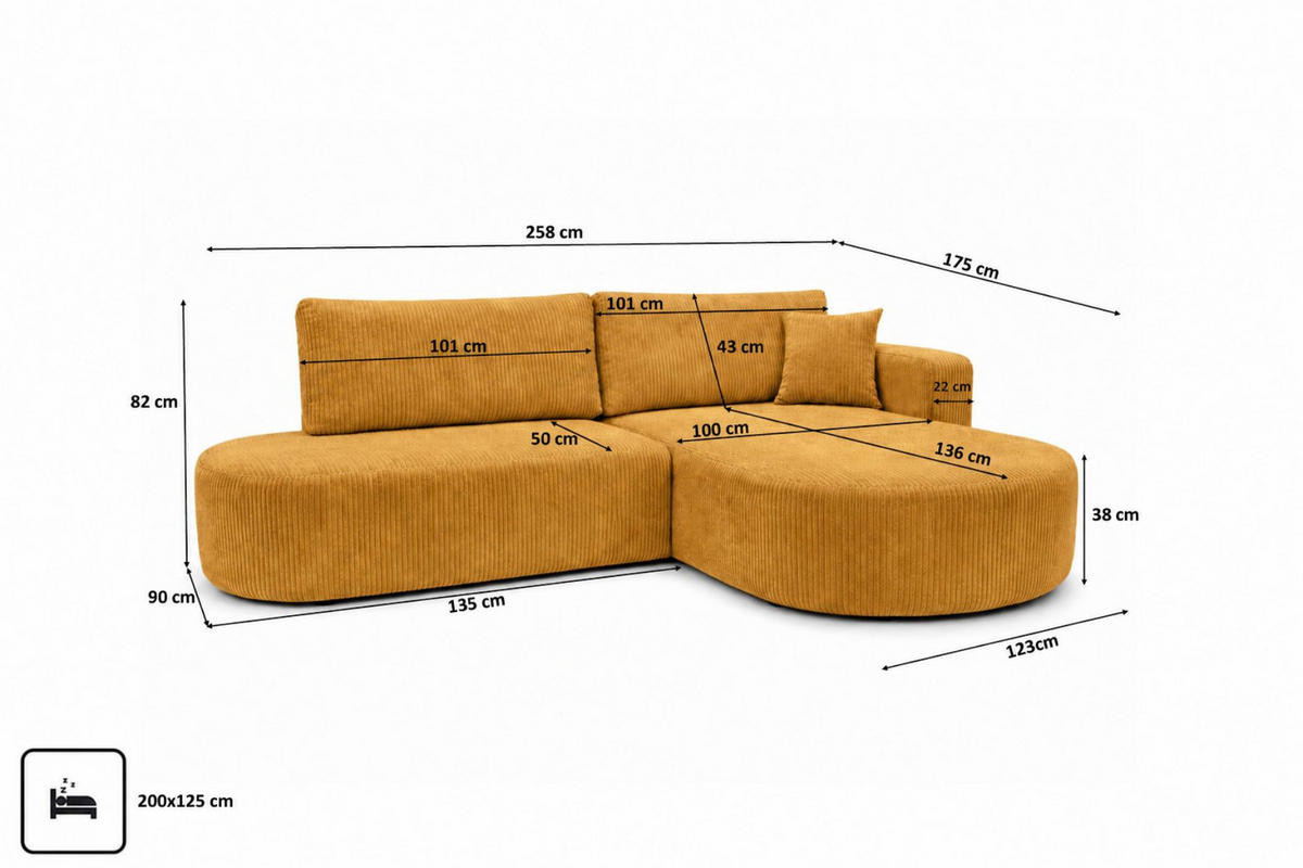ECKSOFA Mit Schlaffunktion Und Bettkasten, Cordstoff Poso, Senffarbe, Rechts, ROUND ONE OPEN XL - Gelb, Holz (258/175cm) - Kaiser Möbel