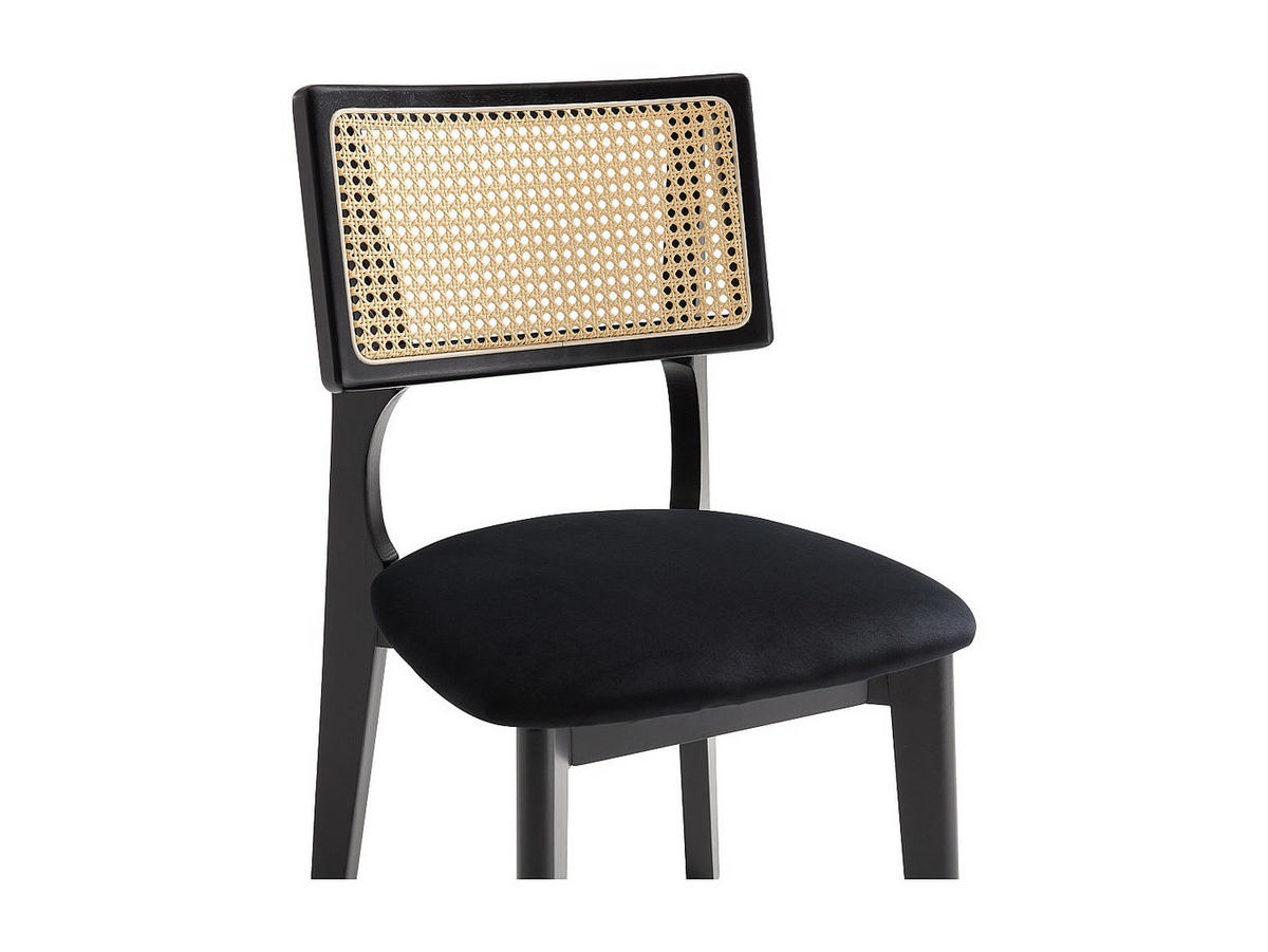 6ER-SET Stühle - Samt - Rattaneffekt & Kautschukholz - Schwarz - CALENYA - Schwarz, Textil (50.5/85.5/48cm) - Vente-Unique