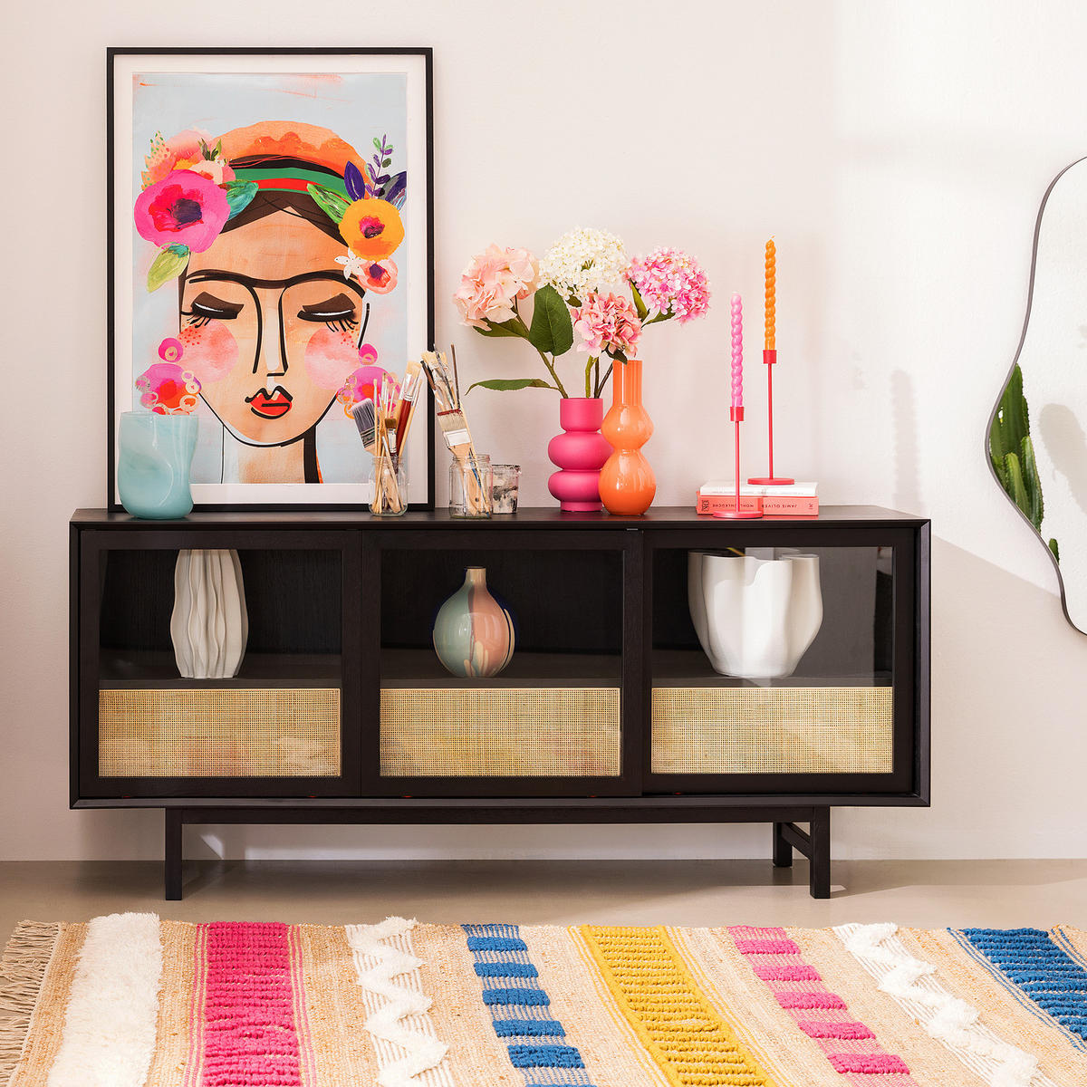 SIDEBOARD mit Schiebetüren - Echtholzfurnier - Gummibaum Schwarz / Beige - Beige/Schwarz, Holzwerkstoff (180/80/40cm) - home24
