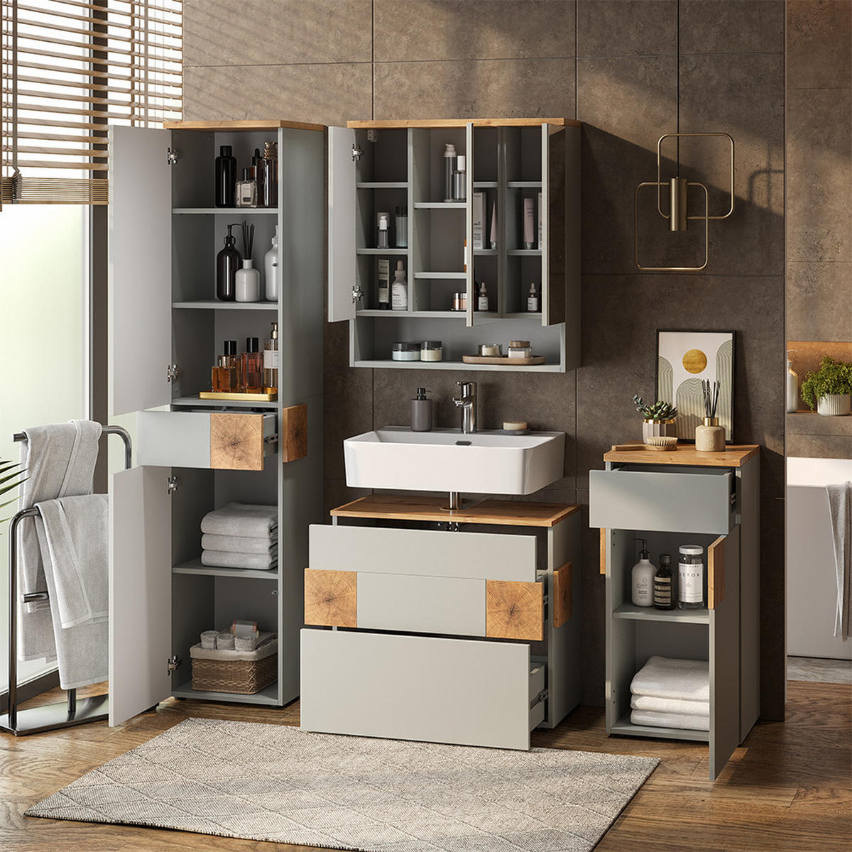 BADMÖBEL-SET Eden Grau/Artisan 4 Teile - Hellgrau/Grau, Holzwerkstoff (70/64.5/37cm) - Vicco