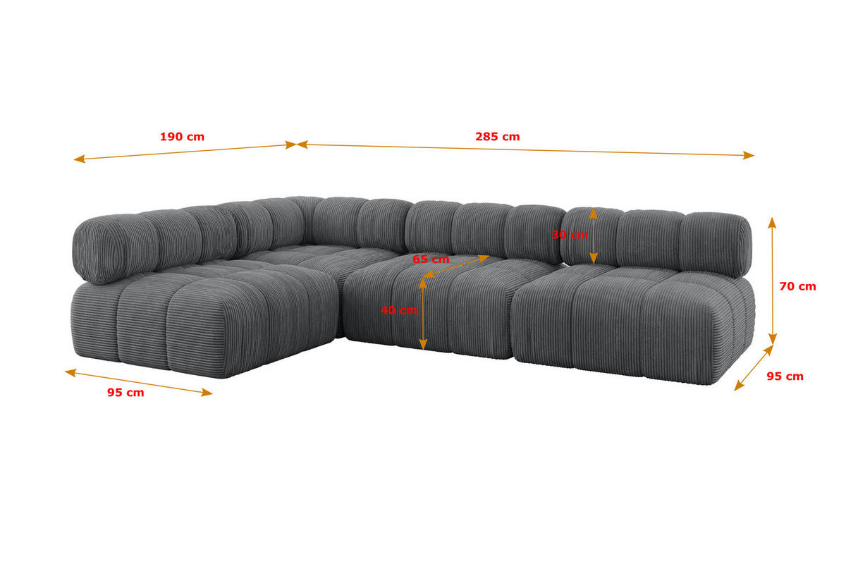 ECKSOFA modulares Sofa Samaro-L2 - 285x190x70 cm Dunkelgrau Cord - Dunkelgrau, Holzwerkstoff/Textil (285/190cm) - ALTDECOR