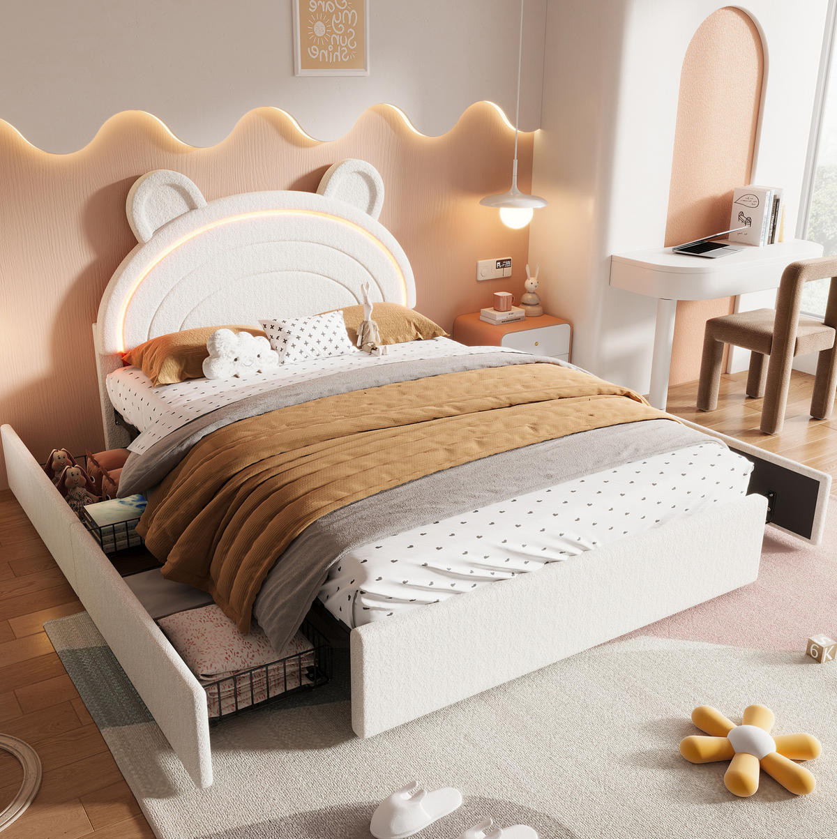 KINDER-POLSTERBETT aus Samt 140x200 cm Beige mit 4 Schubladen, Bären-Kopfteil und App-LED - Beige, Textil (140/200cm) - Modfu