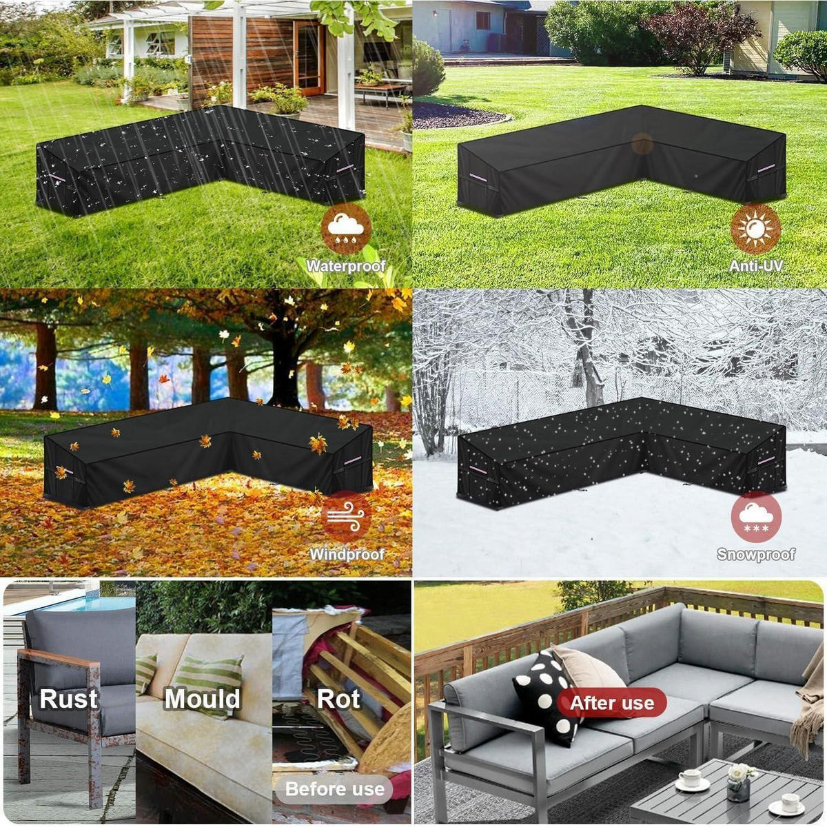 ABDECKHAUBE L-Form Gartenmöbel 280x220x90x80/60cm Wasserdicht - Schwarz, Kunststoff (90/80/280cm)