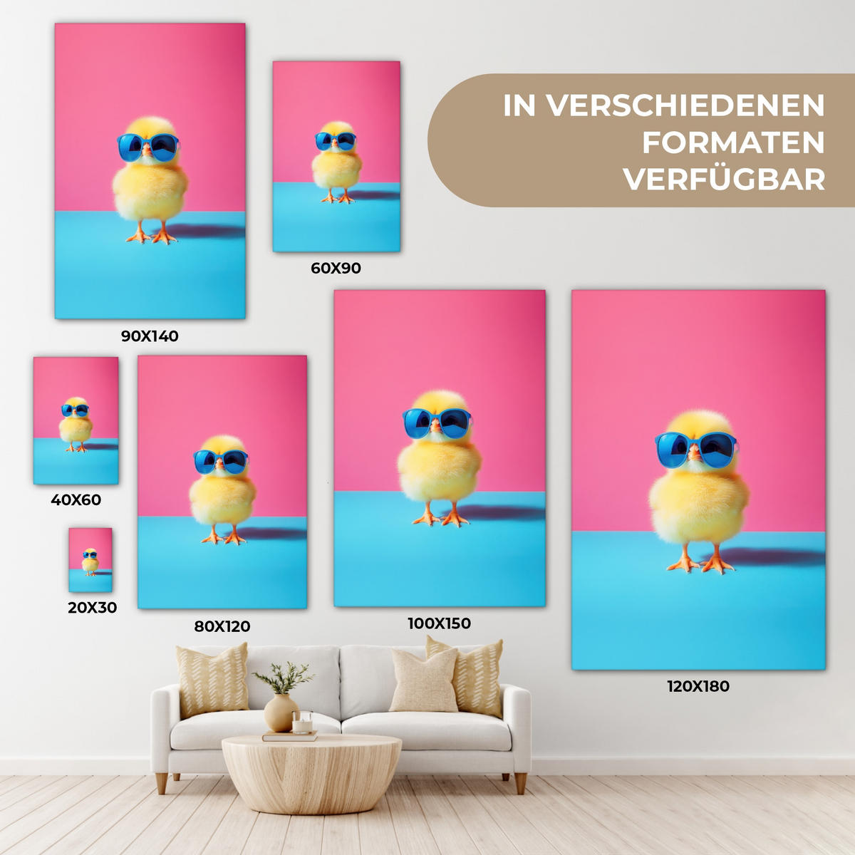 LEINWANDBILD Chick - Sonnenbrille - Blau Deko XXL 80x120 cm - Pink/Gelb, Textil (80/120cm) - MuchoWow