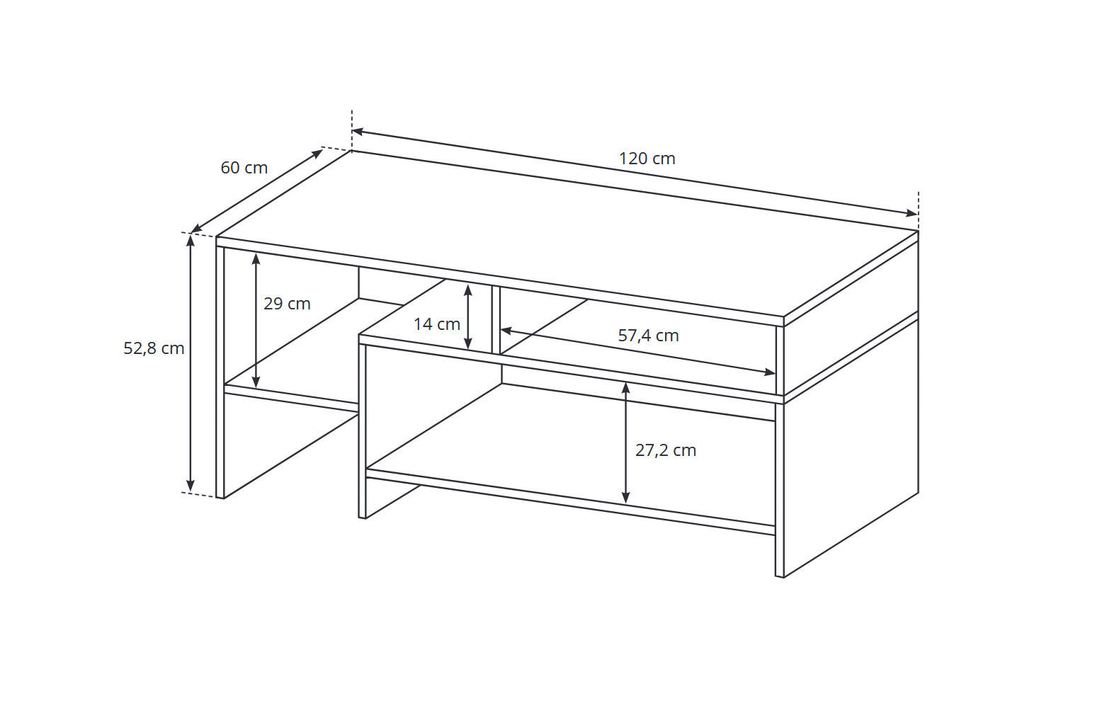 COUCHTISCH Alva Grand Eiche / weiß 120 cm / 60 cm / 53 cm - Braun, Holz/Holzwerkstoff (60/120/53cm) - Feldmann-Wohnen