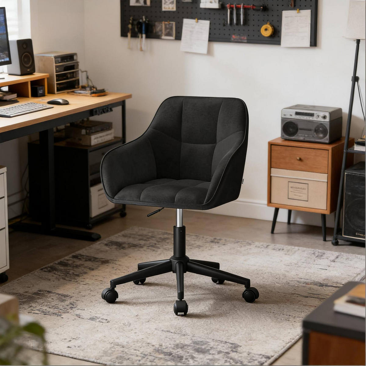 BÜROSTUHL in Schwarz 56x40x90 cm mit Samtbezug, höhenverstellbar und drehbar - Schwarz, Metall (40/90/56cm) - IVMEU