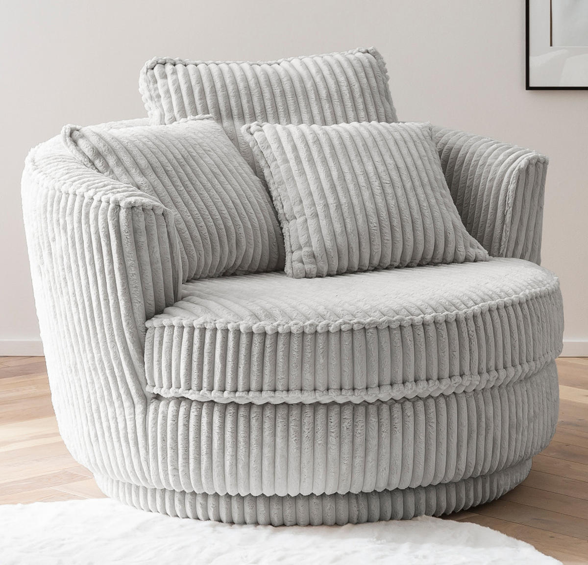 BIG-SESSEL Relaxsessel Mega Cord hell grau Ø 120 cm 360° drehbar, inklusive 3x Kissen - Hellgrau/Grau, Holz/Textil (120/86/120cm) - Furn.Design