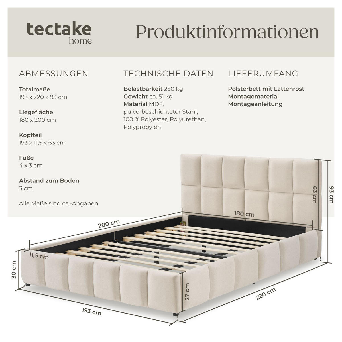 POLSTERBETT Shirley, Belastbarkeit 250 kg, Samtoptik sand - Gelb/Samtahornfarben, Holz (180/200cm) - tectake