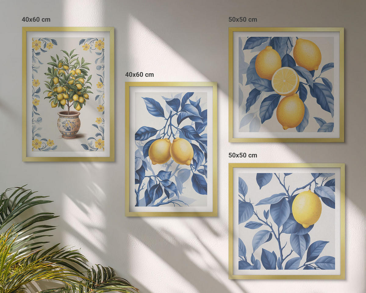 BILDER SET 4er Set - 50x50 cm & 40x60 cm Goldrahmen - Zitronenzweige mit blauen Blättern - Goldfarben, Kunststoff (50/50cm) - TULUP