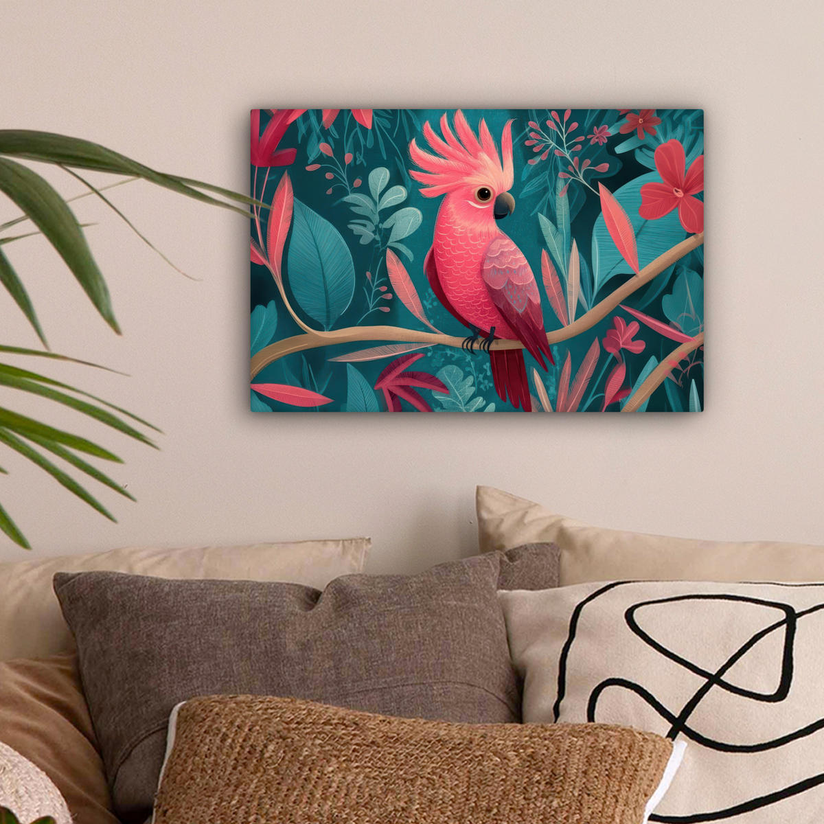 LEINWANDBILD Kakadu - Tropische Blätter - Zweig Deko Schlafzimmer 30x20 cm - Petrol, Textil (30/20cm) - MuchoWow