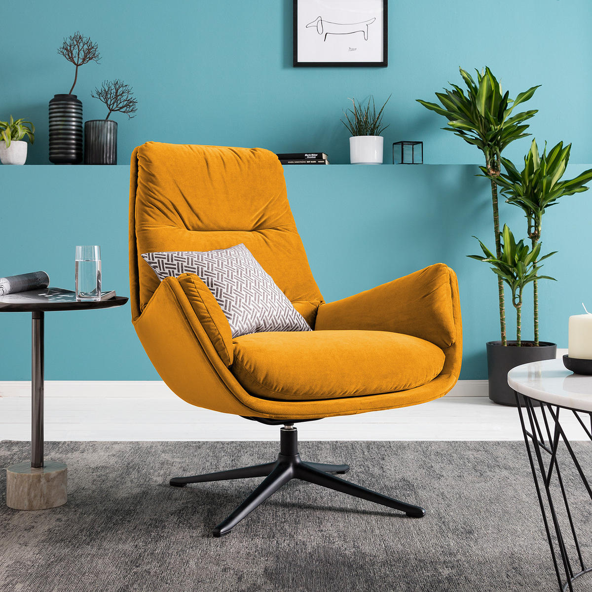 SESSEL mit Kreuzfuß - Gelb/Schwarz, Textil (83/95/97cm) - home24