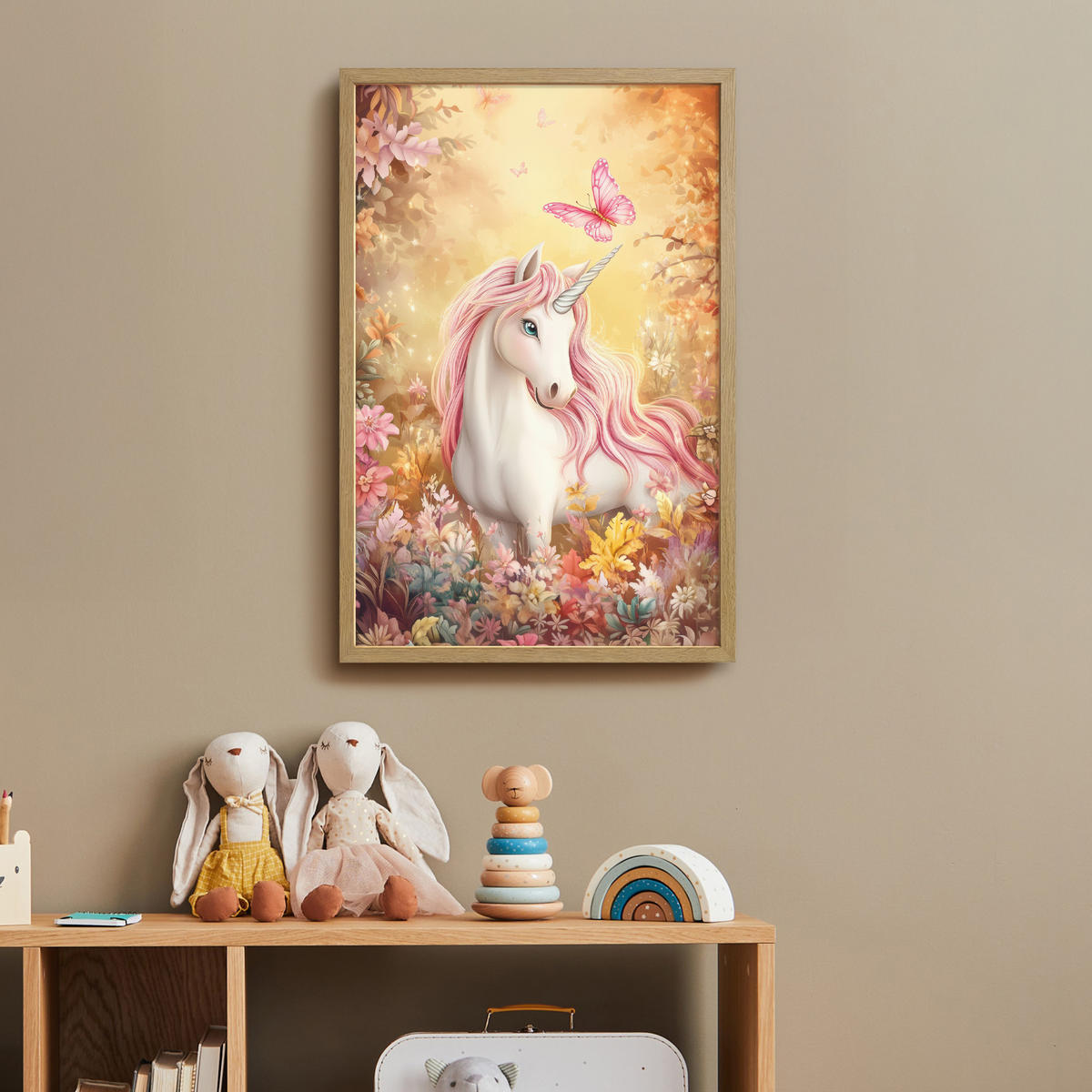 DOBÍJECÍ NOČNÍ LAMPIČKA Jednorožec - Květiny - Motýl - Růžová 40x60 cm - béžová, kompozitní dřevo (8/40/60cm) - OnlyWow