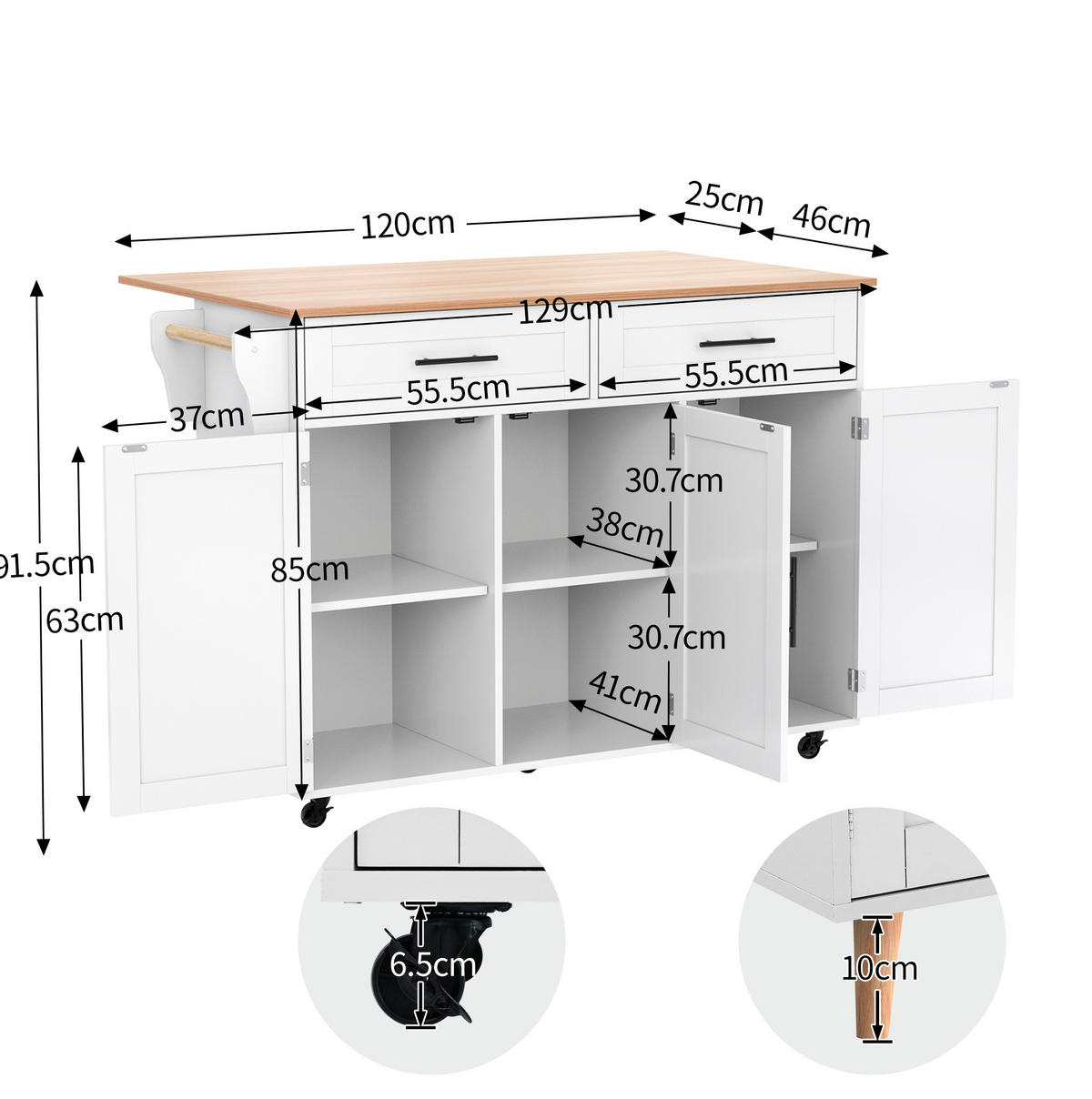 KÜCHENINSEL 129x71x91.5cm Weiß mit Ausziehplatte, Schubladen & Rollen/Füßen - Weiß, Holzwerkstoff (129/91.5/71cm) - Modfu