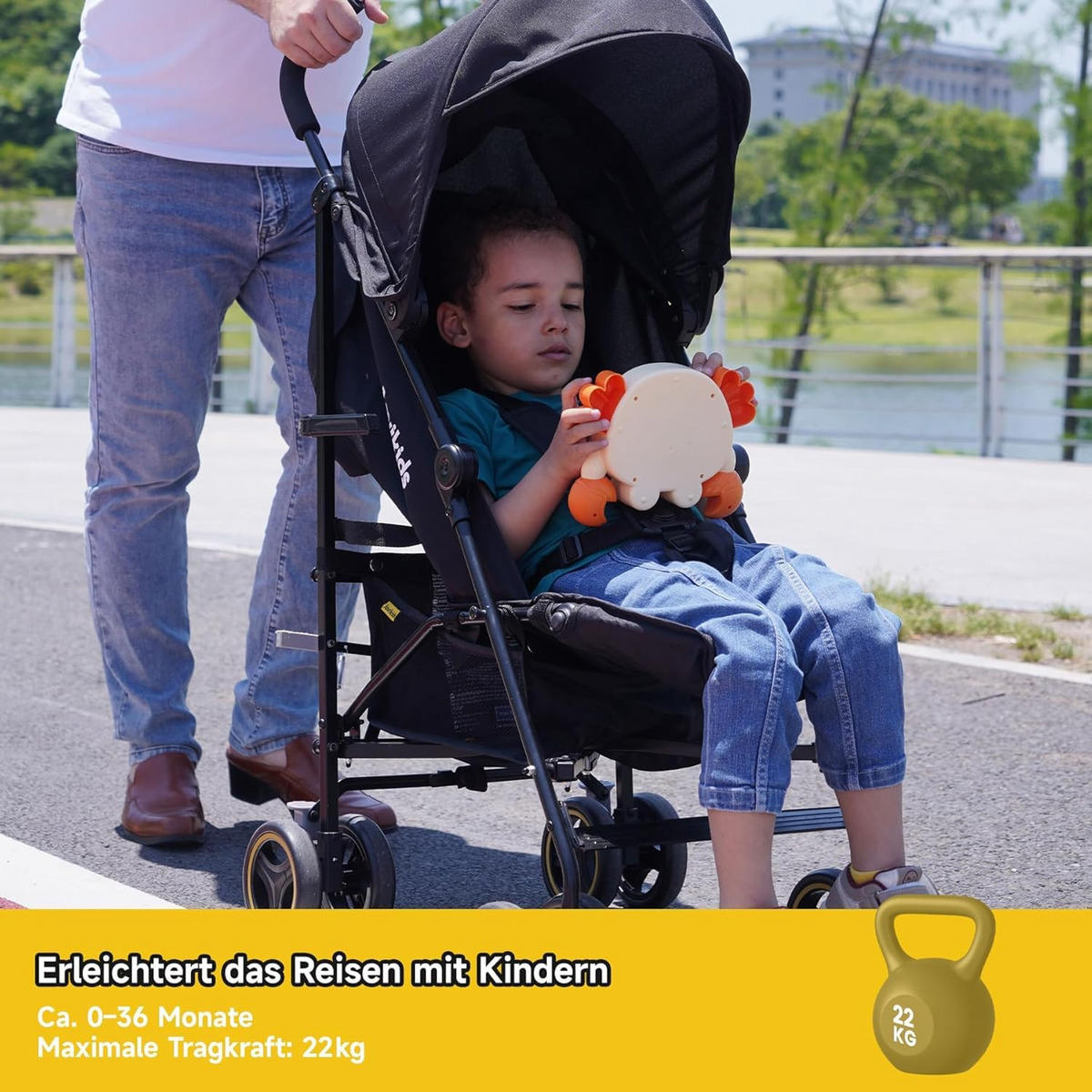 BUGGY Kinderwagen Reisebuggy bis 22kg mit Liegefunktion und Verdeck schwarz - Schwarz, Metall (51/81/104.5cm) - Raelunyi