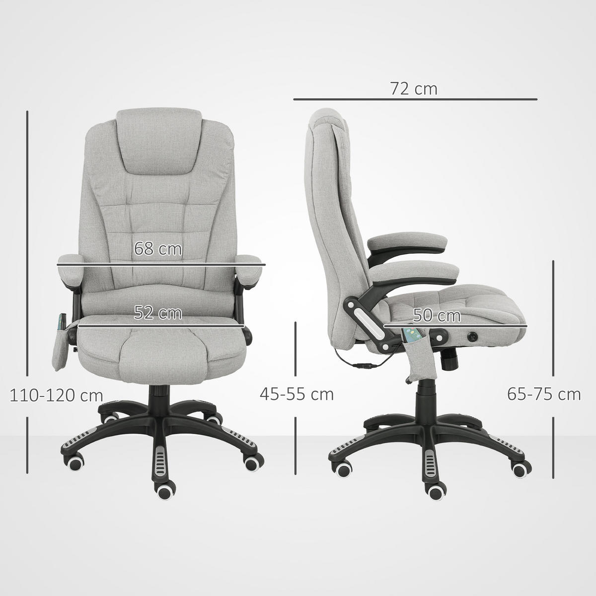 CHEFSESSEL DE-11756 MIT MASSAGE- & HEIZFUNKTION 68/72/110-120 cm Grau - Hellgrau, Textil (68/120/72cm) - ComfortXL