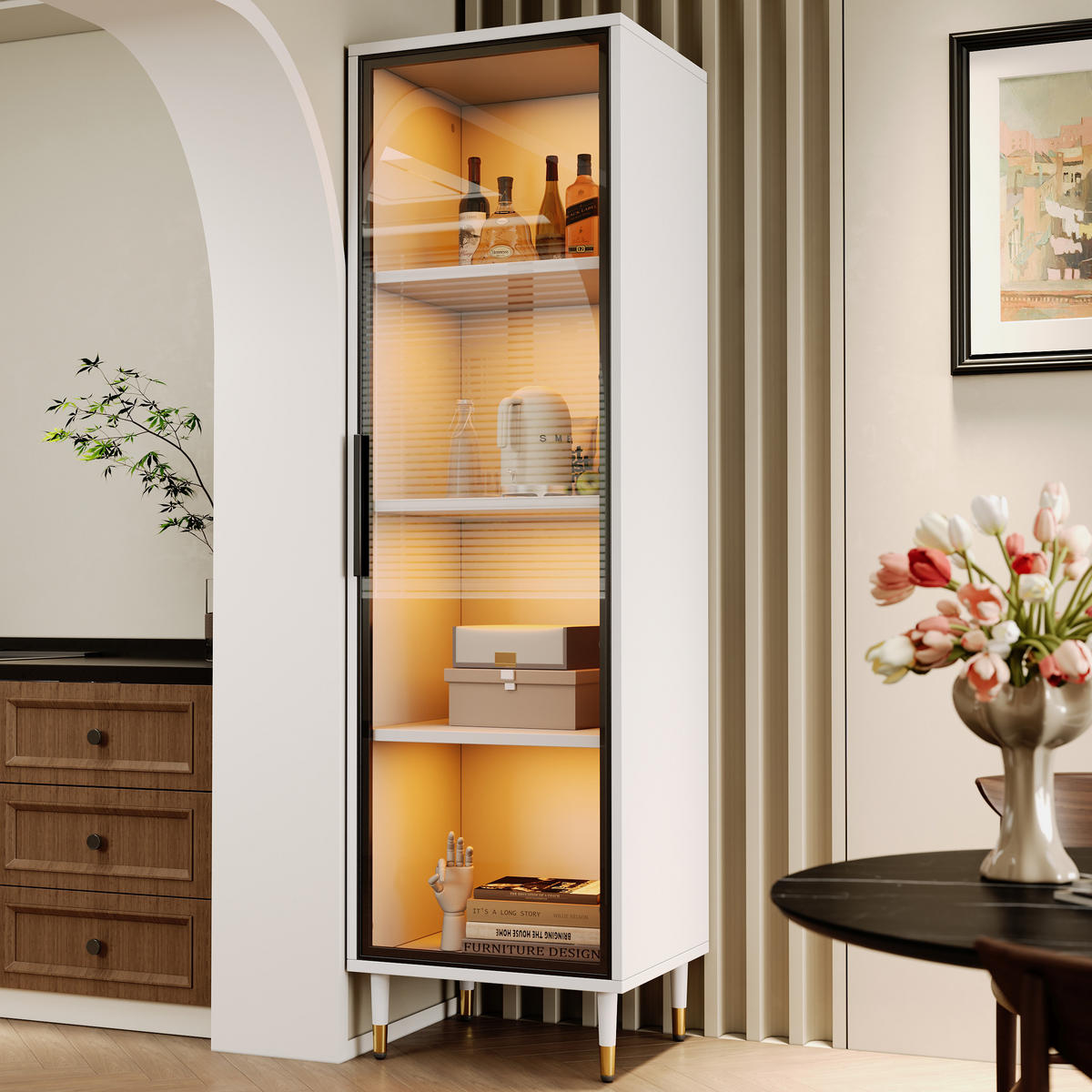 HIGHBOARD mit LED-Beleuchtung 40/40/170 cm in Weiß mit getönter Glastür - Weiß, Holzwerkstoff (40/170/40cm) - BEAOK