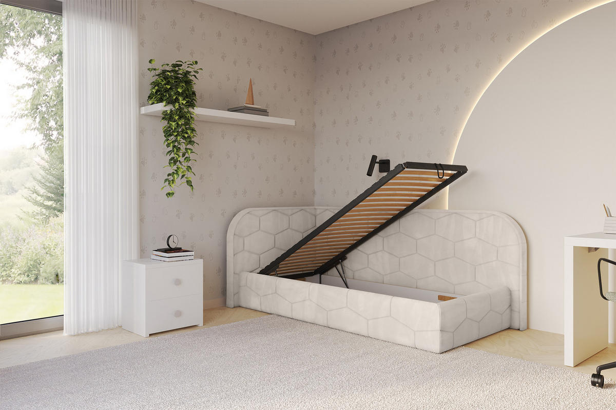 EINZELLBETT Jugendbett mit Bettkasten und Matratze H3/H4, Rechts - JAXY 90x200 Beige - Sandfarben, Holzwerkstoff/Textil (90/200cm) - ALTDECOR