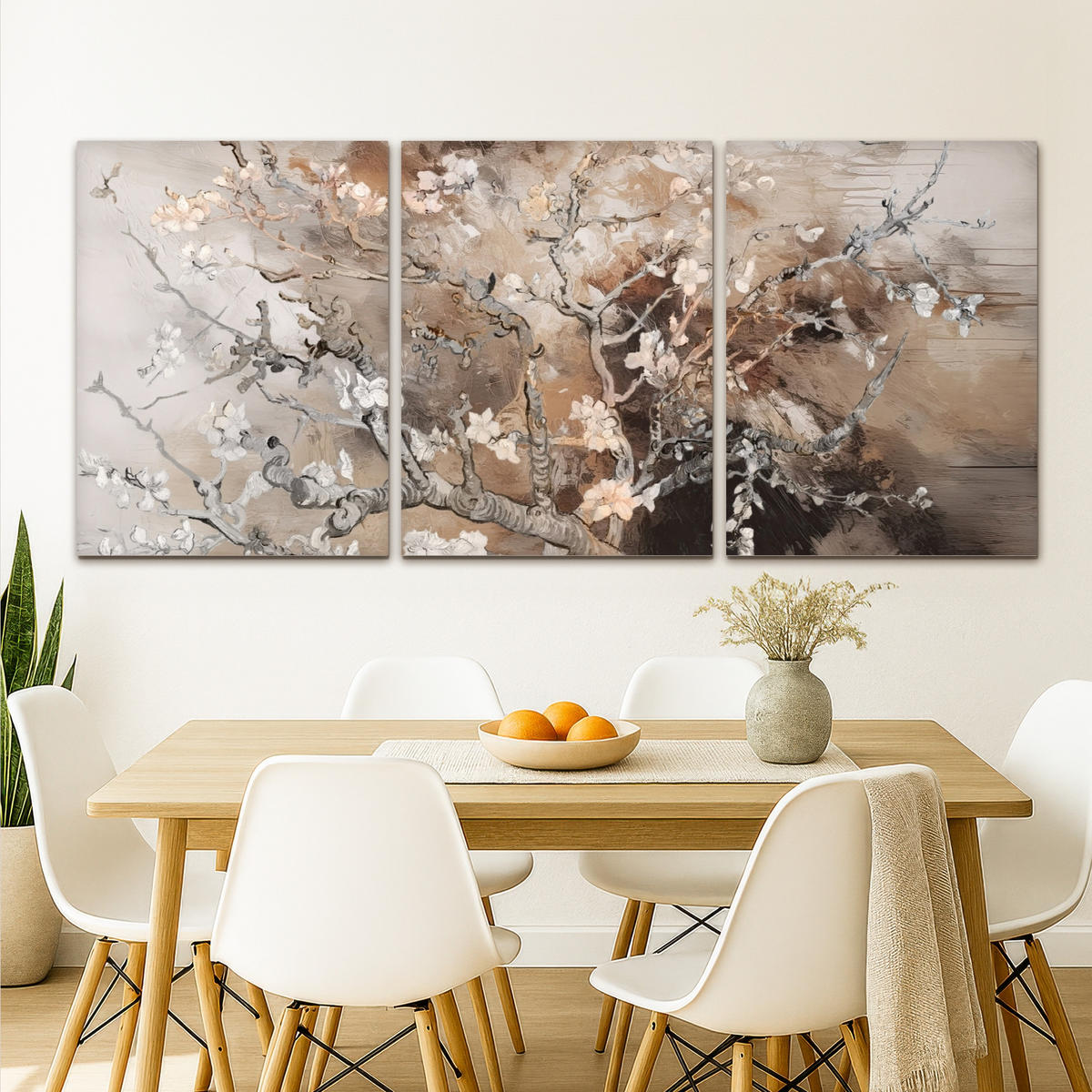 LEINWANDBILD 3er Set Mandelblüte - Abstrakt - Beige 180x80 cm - Beige, Textil (180/80cm) - MuchoWow