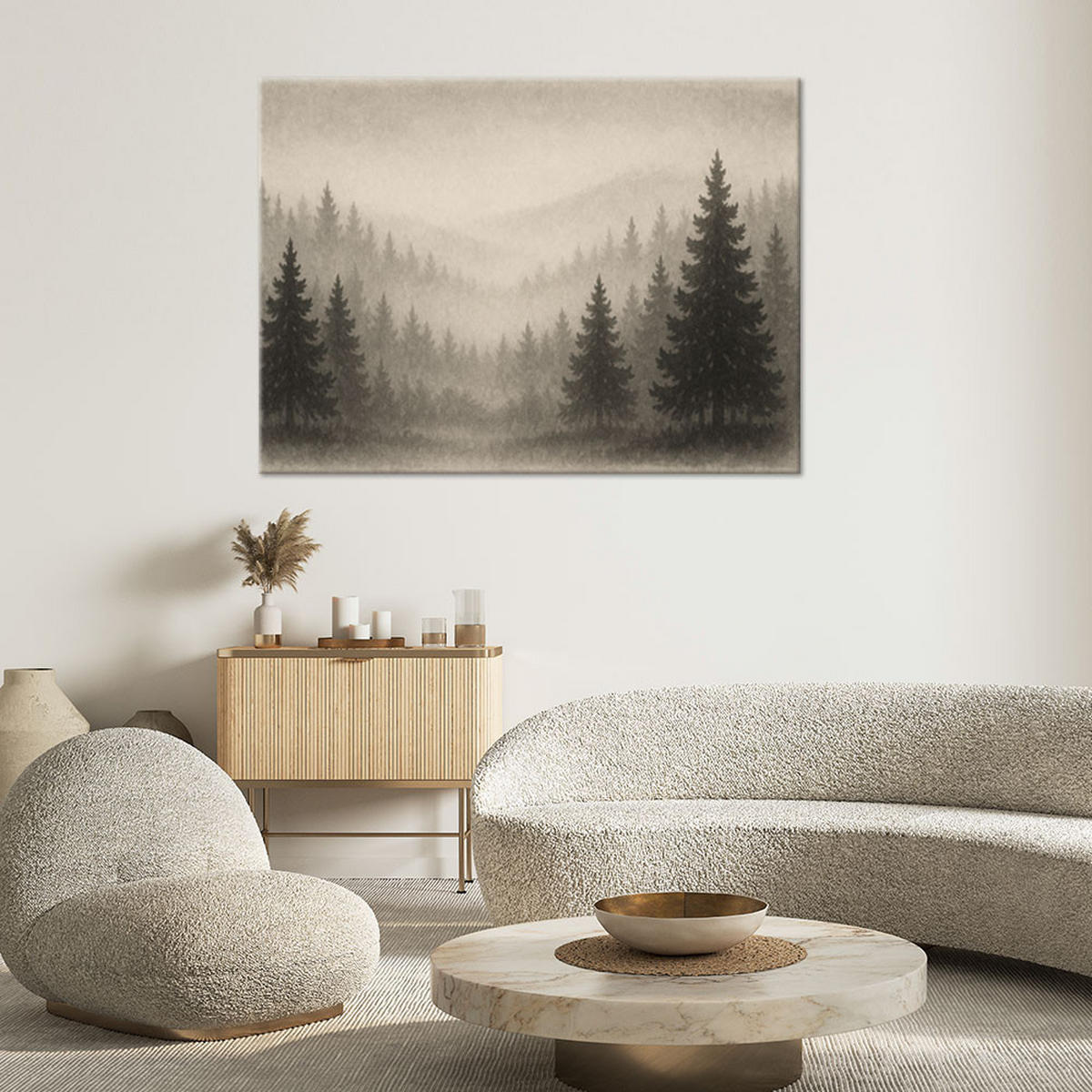 LEINWANDBILD Bäume Wald Nebel Beige 90x60cm - Grau, Textil (90/60cm) - Feeby