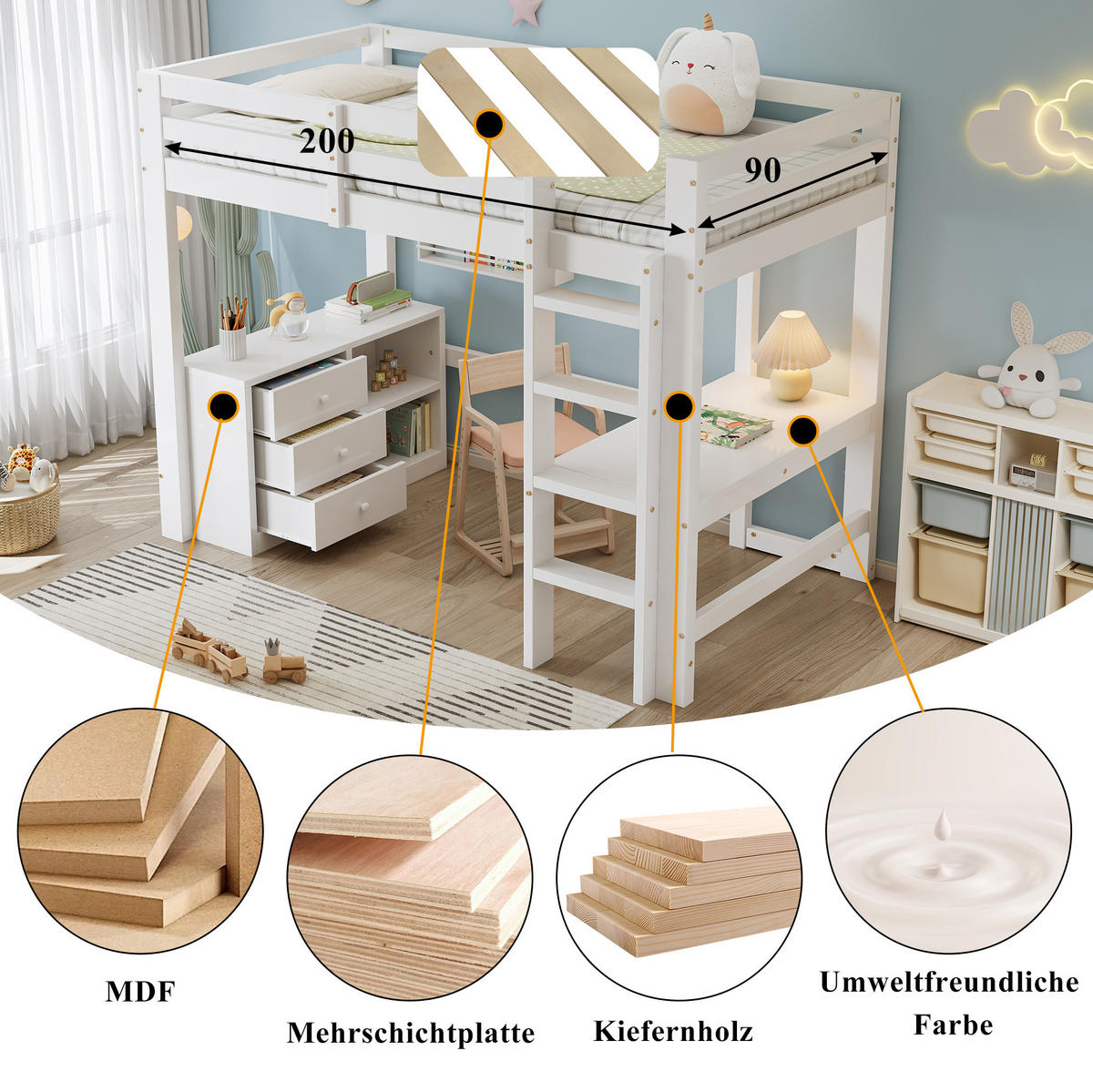 HOCHBETT 90/200 cm aus Kiefer und MDF mit Schreibtisch und Stauraum Weiß - Weiß, Holz (90/200cm) - Modenvie