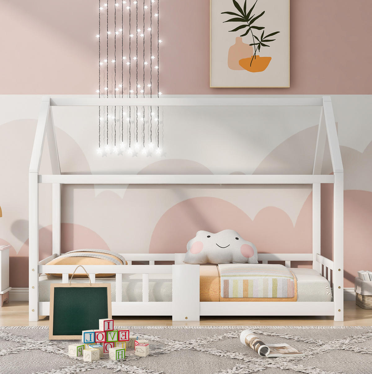 KINDEREINZELBETTEN aus Massivholz 90x200 cm in Weiß mit Tafel & Rausfallschutz - Weiß, Holz (90/200cm) - Modfu