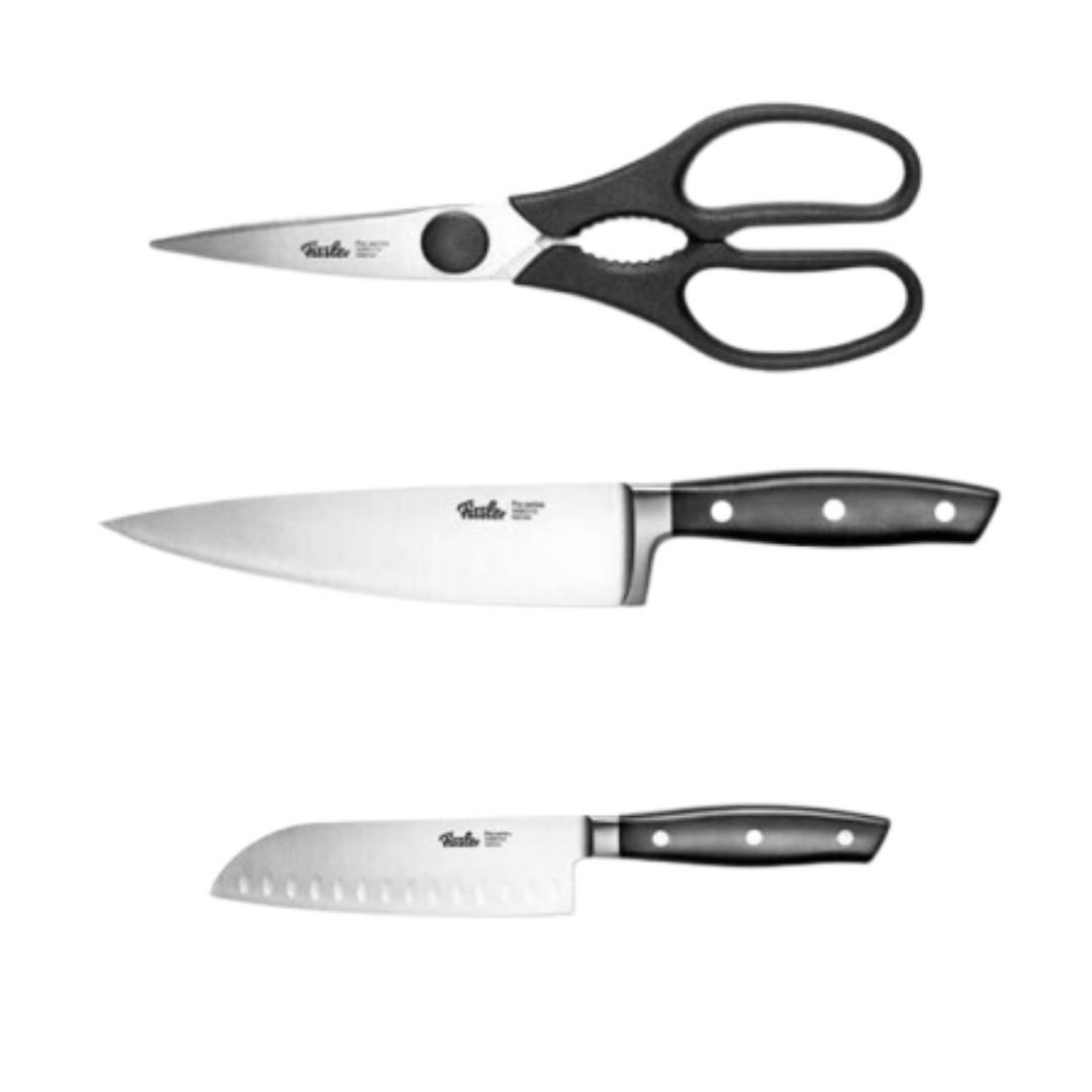 KÜCHENMESSER SET 3-tlg Schwarz, Santokumesser 130 mm, Kochmesser 190 mm, Küchenschere, Edelstahl, Schneidemesser, Küchenzubehör, Profi Messer - Silberfarben/Schwarz, Kunststoff/Metall - Fissler