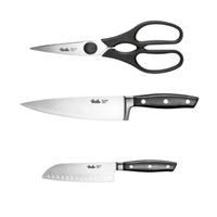 KÜCHENMESSER SET 3-tlg Schwarz, Santokumesser 130 mm, Kochmesser 190 mm, Küchenschere, Edelstahl, Schneidemesser, Küchenzubehör, Profi Messer - Silberfarben/Schwarz, Kunststoff/Metall - Fissler