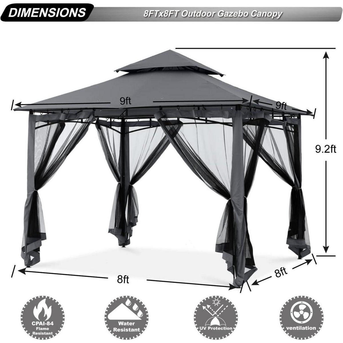 GARTENPAVILLON 2,5 x 2,5 m Grau mit Netz - Grau, Metall (274.3/280.4/274.3cm)
