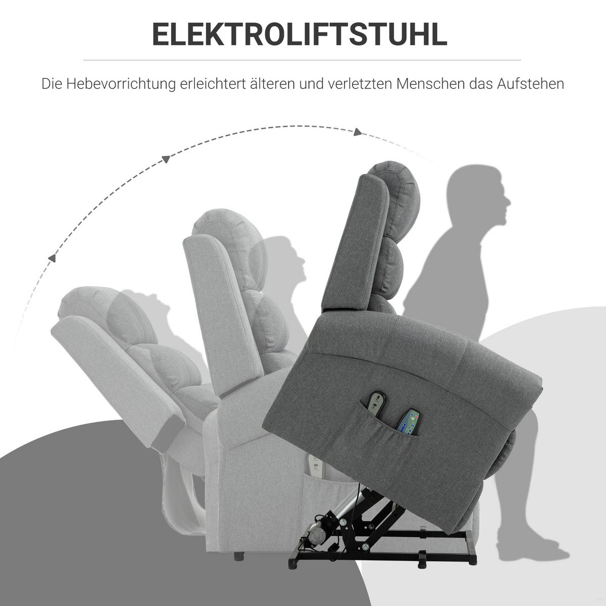 MASSAGESESSEL Wärmefunktion Massagestuhl Aufstehfunktion Fernbedienung Leinen - Grau, Textil (91/106/90cm) - HOMCOM