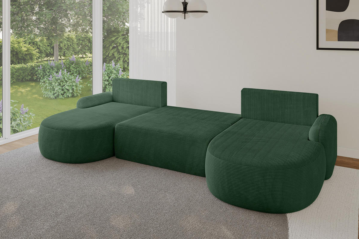 WOHNLANDSCHAFT mit Schlaffunktion und Bettkasten LIRA-U - 335x172x89 Grün - Hellgrün, Holzwerkstoff/Textil (335/89/172cm) - ALTDECOR